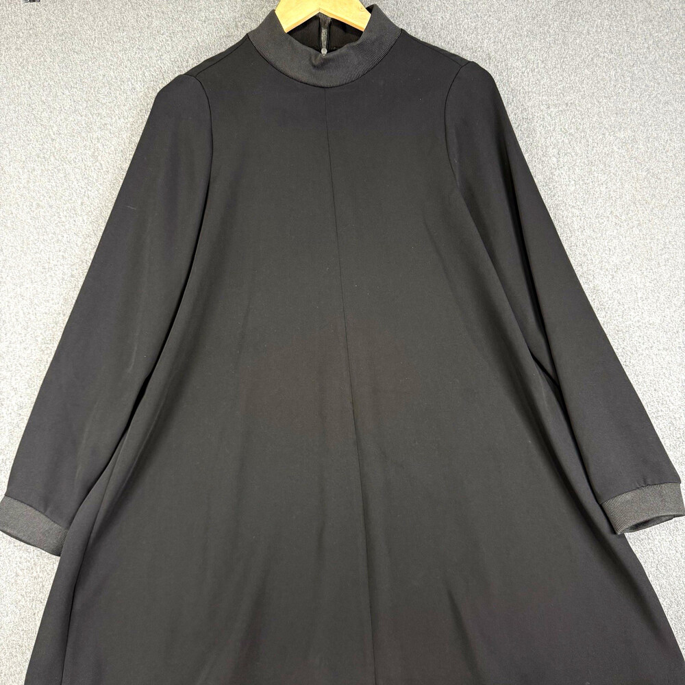 Zara Womens Small Black Mock Neck Long Sleeve Swing Dress Ribbed Trim Back Zip